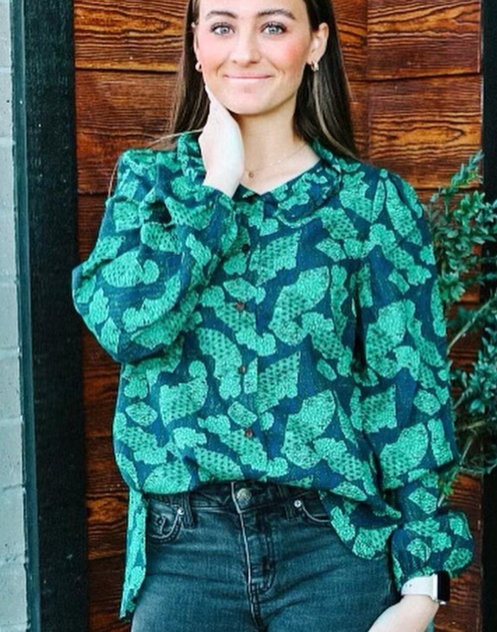 Bucket List Green and Navy Lightweight Cotton Button Up Ruffle Neck Blouse Small